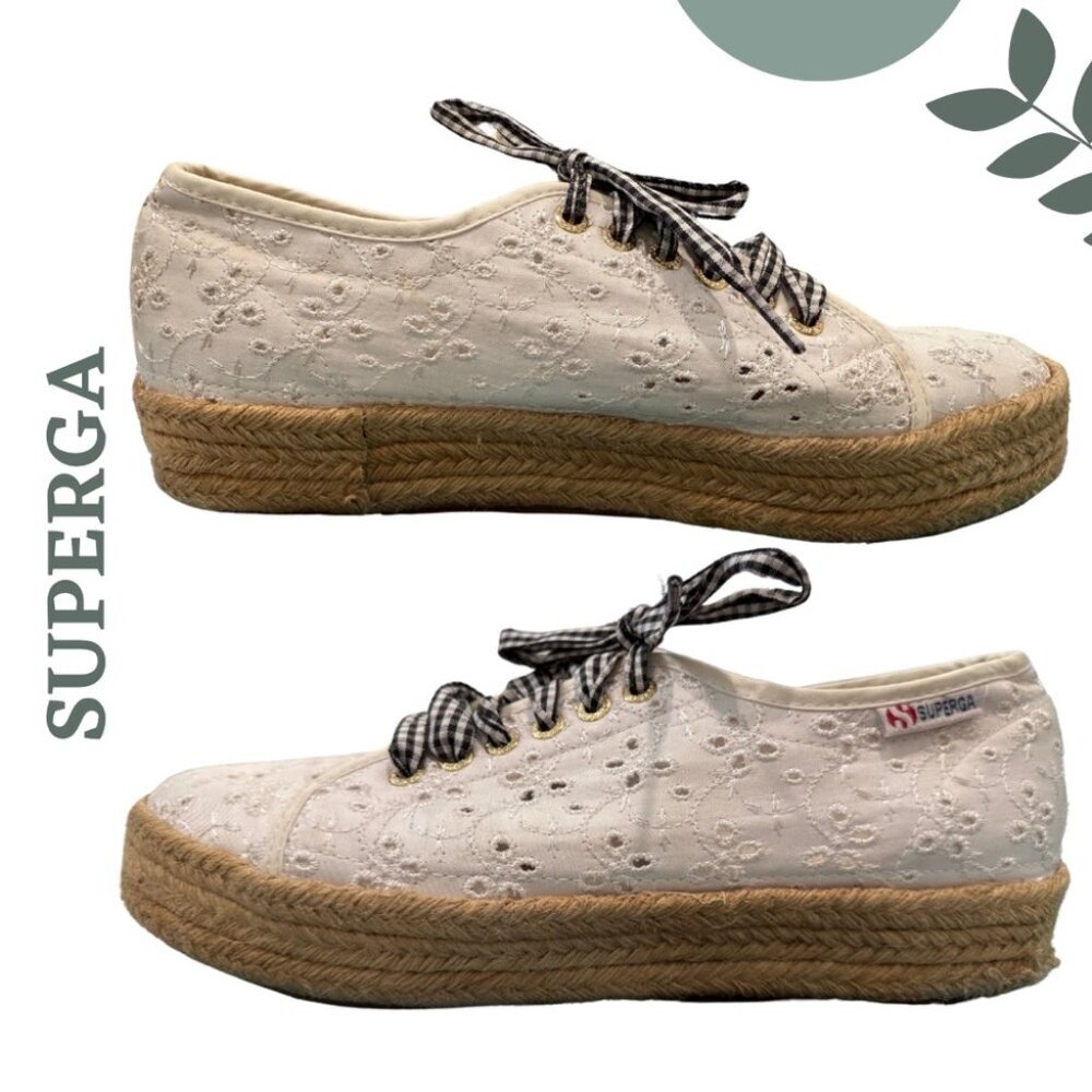 Superga White Eyelet Espadrille Platform Sneakers | Gingham Laces | Size 10